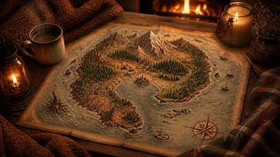 a map of an island realm with mountains, forests, a sheltered bay, sea monsters in the water and a compass rose, no text labels