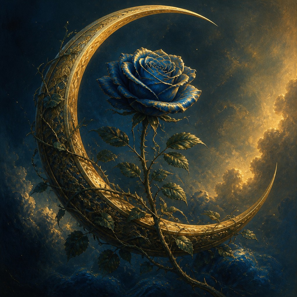 a rose entwined with a crescent moon, clean balanced composition on a plain background, no text