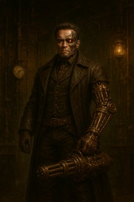 "A dramatic, full-body portrait of Arnold Schwarzenegger as a Steampunk Terminator, standing powerfully in a dimly lit, richly detailed Victorian-era workshop. Arnold's iconic Terminator face is visible, with a glowing red eye, partially obscured by an intricate, metallic eyepatch and visible cybernetic components around his neck and face. He wears a heavy, dark brown leather duster coat over a tailored waistcoat and trousers, all adorned with brass buckles, gears, and leather straps. His left arm is a formidable steampunk prosthetic, crafted from polished brass, copper, and exposed gears, ending in a massive, Gatling-gun-like weapon integrated into the forearm. His right hand wears a finely detailed leather glove with metallic accents. The background of the workshop is filled with vintage machinery, pressure gauges, steam pipes, exposed brick walls, and the soft glow of gas lamps, casting long shadows. Smoke or steam gently drifts through the air, adding to the atmospheric industrial setting. The overall aesthetic is gritty, sophisticated, and perfectly blends the sci-fi elements of the Terminator with the intricate mechanical beauty of steampunk