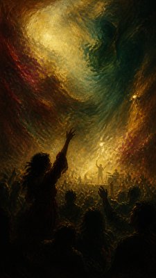 a live music scene with a glowing stage and silhouetted crowd, energetic vertical composition with open space at the top, no text