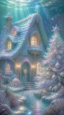 a snow-covered cottage with warm glowing windows beside a decorated pine tree, gentle snowfall, no text