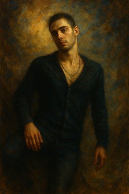 a painting of a man in a black shirt