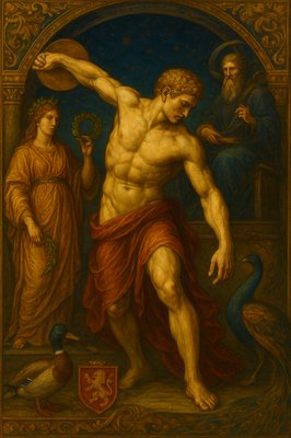 a painting of a man standing next to two other men