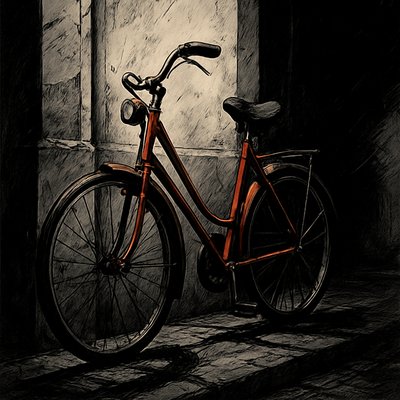 bicyle resting against a wall