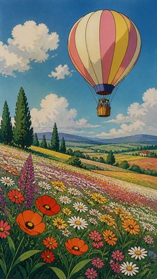 a hot air balloon drifting over rolling flower fields on a sunny day, cheerful, no text