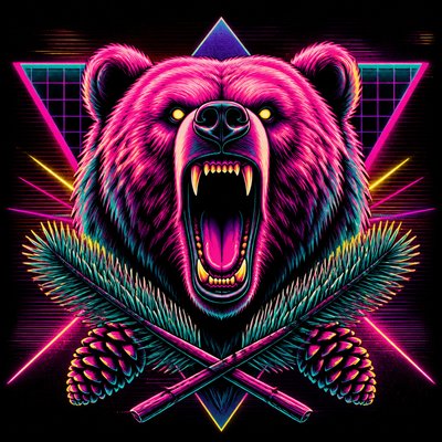 a roaring bear head above crossed pine branches, bold graphic composition on a plain background, no text