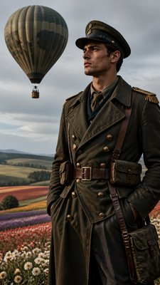 a hot air balloon drifting over rolling flower fields on a sunny day, cheerful, no text