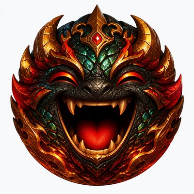 an exaggerated laughing face of an original round mascot character, bold and readable at small size, plain background, no text