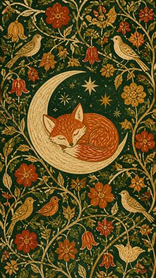 a sleeping baby fox curled on a crescent moon among soft stars, gentle and warm, no text