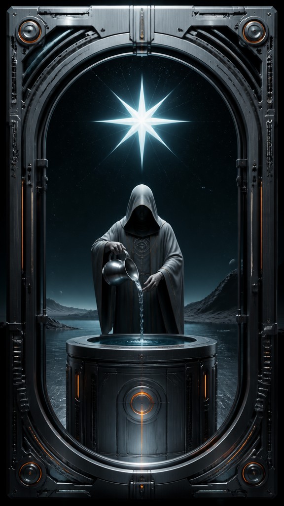 a robed figure pouring water beneath a large eight-pointed star in a night sky, symmetrical composition with an ornate decorative border, no text