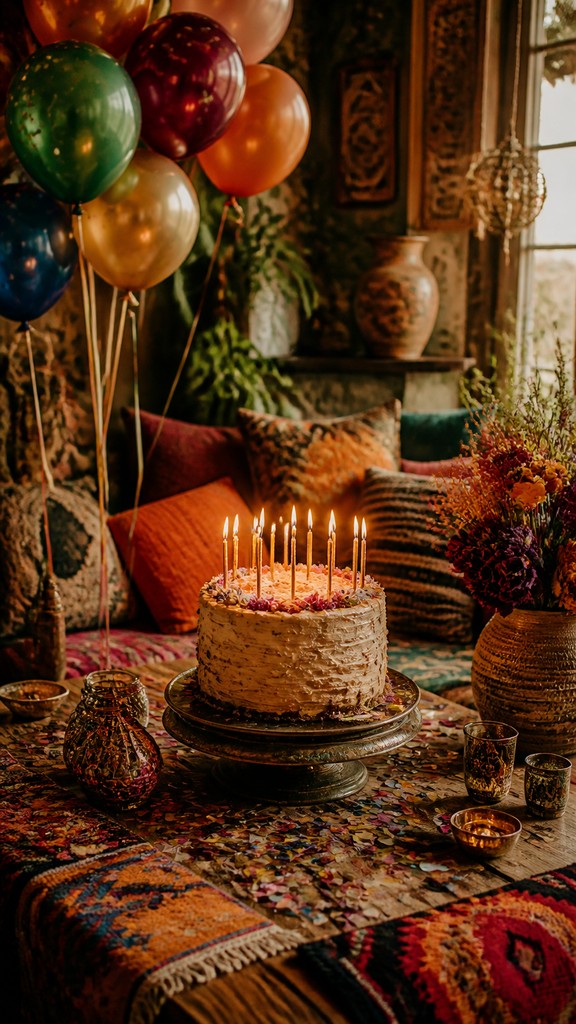 a birthday cake with lit candles surrounded by balloons and confetti, festive vertical composition, no text