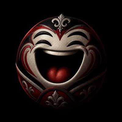 an exaggerated laughing face of an original round mascot character, bold and readable at small size, plain background, no text