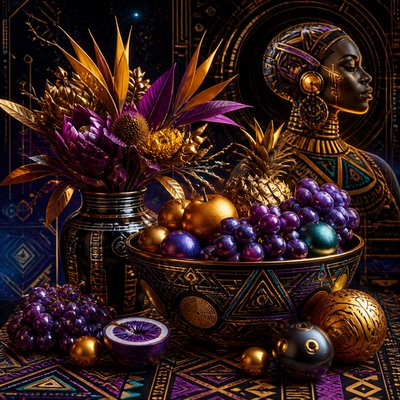 still life arrangement of fruits and flowers