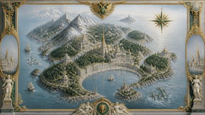 a map of an island realm with mountains, forests, a sheltered bay, sea monsters in the water and a compass rose, no text labels