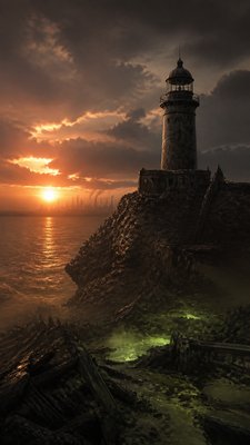 a lone lighthouse on a cliff at dusk under a dramatic sky, no text or lettering