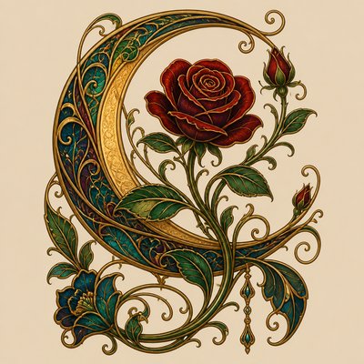 a rose entwined with a crescent moon, clean balanced composition on a plain background, no text