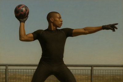 a painting of a man holding a soccer ball
