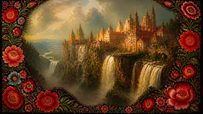 a cliffside city with waterfalls cascading into a misty canyon, wide establishing shot, no people, no text