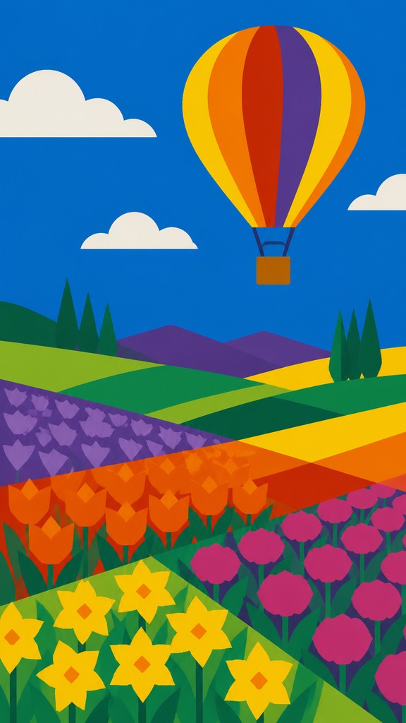 a hot air balloon drifting over rolling flower fields on a sunny day, cheerful, no text