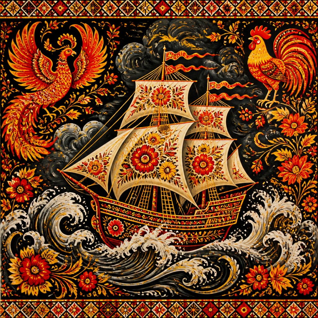 sailing ship on a stormy sea — Ukrainian Art Style