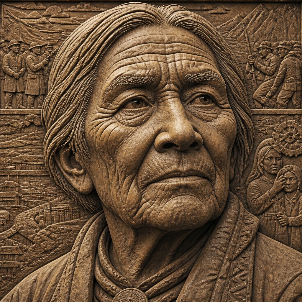 close-up portrait of an elderly person with expressive weathered features — Relief Carving Sculpture Style