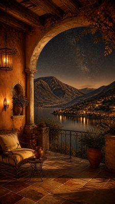 a tranquil mountain lake beneath a starry night sky, no people, no text