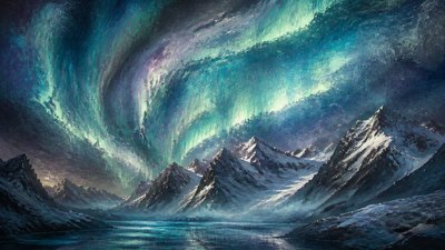 a flowing aurora over snowy peaks, wide sweeping composition, no people, no text