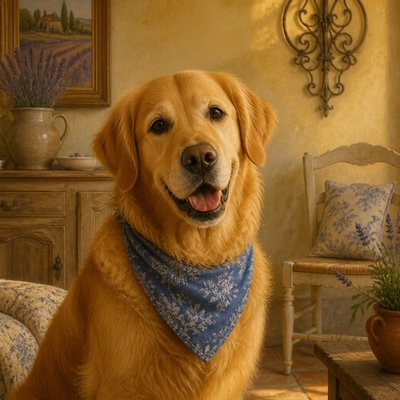 portrait of a golden retriever wearing a blue bandana, warm plain backdrop, no text