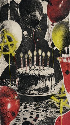 a birthday cake with lit candles surrounded by balloons and confetti, festive vertical composition, no text