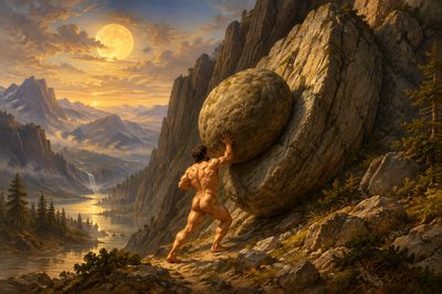 a painting of a man carrying a large rock