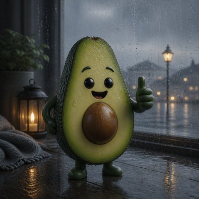 a happy avocado character giving a thumbs up, bold readable design on a plain background, no text