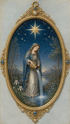 a robed figure pouring water beneath a large eight-pointed star in a night sky, symmetrical composition with an ornate decorative border, no text