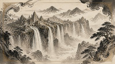 a cliffside city with waterfalls cascading into a misty canyon, wide establishing shot, no people, no text