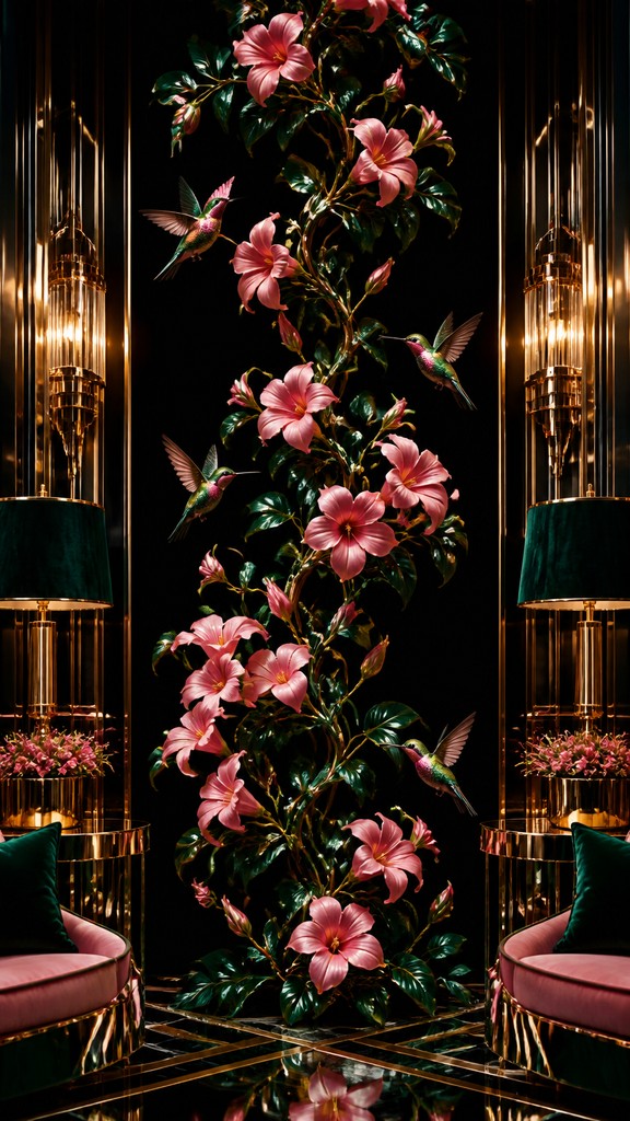 a climbing vine of flowers and hummingbirds on a dark background, tall wrapping composition, no text