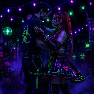 an original couple dancing under string lights in a garden at dusk: a man with short black hair in a linen shirt and a woman with braided red hair in a summer dress
