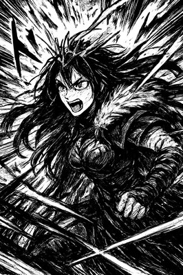 a black and white drawing of a woman holding a sword