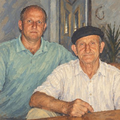 a painting of two men sitting at a table