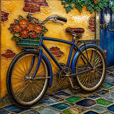 bicyle resting against a wall — Enamel Art Style