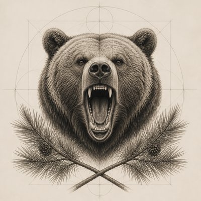 a roaring bear head above crossed pine branches, bold graphic composition on a plain background, no text