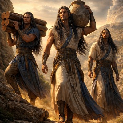 This is a great idea. For this version, let's lean even further into that "Elven High-Fantasy" aesthetic you like, but ground it in their specific Biblical legacy as the "hewers of wood and drawers of water" for the Tabernacle.

In this prompt, we will portray their service not as a lowly task, but as a display of superhuman strength and grace—showing that even in their "servant" role, their "giant" nature and ancient wisdom remained visible.
Written Prompt: The Sage-Giants of Gibeon

    Style: Cinematic High-Fantasy, 8k Resolution, Epic Scale. A blend of The Lord of the Rings aesthetic with Ancient Near Eastern Bronze Age history.

    The Subject: A group of three Gibeonite men, standing at a staggering height of 7.5 feet. They possess the ethereal, noble beauty of High Elves—sharp, intelligent Semitic features, high cheekbones, and long, dark hair intricately braided with silver and lapis lazuli.

    The Stature & Grace: They are lithe and muscular, moving with a fluid grace that defies their size. Despite their "giant" classification, they are elegant, not monstrous.

    The Role (Hewers and Drawers): > * One Gibeonite is seen effortlessly carrying a massive, ornate stone water jar on one shoulder that would require four normal men to lift.

        Another holds a bundle of enormous cedar logs, his posture straight and regal, showing no sign of strain.

    The Attire: They wear a mixture of their new culture and their old heritage. Fine linen tunics in ivory and deep blue are accented by ornate bronze bracers etched with ancient Canaanite geometry. Their clothing is weathered with the dust of the road but still looks "high-born."

    The Setting: They are standing on a high limestone ridge overlooking the ancient city of Gibeon. In the background, the Tabernacle's smoke rises into a golden sunset sky. The architecture around them consists of massive, "cyclopean" stone blocks that match their scale.

    Lighting & Atmosphere: Dramatic "God-rays" of sunlight pierce through the clouds, catching the metallic glint of their jewelry and the profound, wise expressions in their eyes. The mood is one of "Dignity in Service" and "Ancient Wisdom."