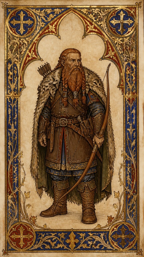 full-body original character: a dwarven ranger with a braided auburn beard, worn leather armor, a longbow and a wolf-pelt cloak, neutral background, no text