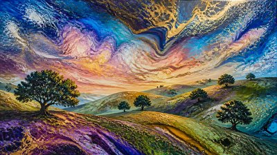 rolling hills with scattered trees under a big dramatic sky, no people