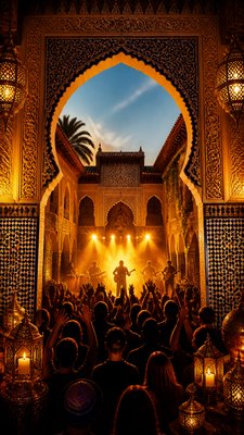 a live music scene with a glowing stage and silhouetted crowd, energetic vertical composition with open space at the top, no text
