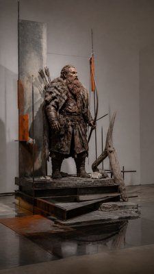 full-body original character: a dwarven ranger with a braided auburn beard, worn leather armor, a longbow and a wolf-pelt cloak, neutral background, no text