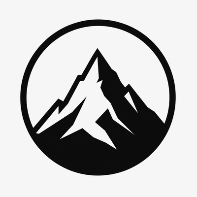 an emblem of a mountain peak inside a circle, simple bold shapes on a plain background, no text or lettering