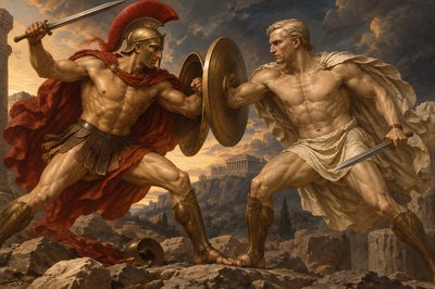 a painting of two men fighting in a rocky area