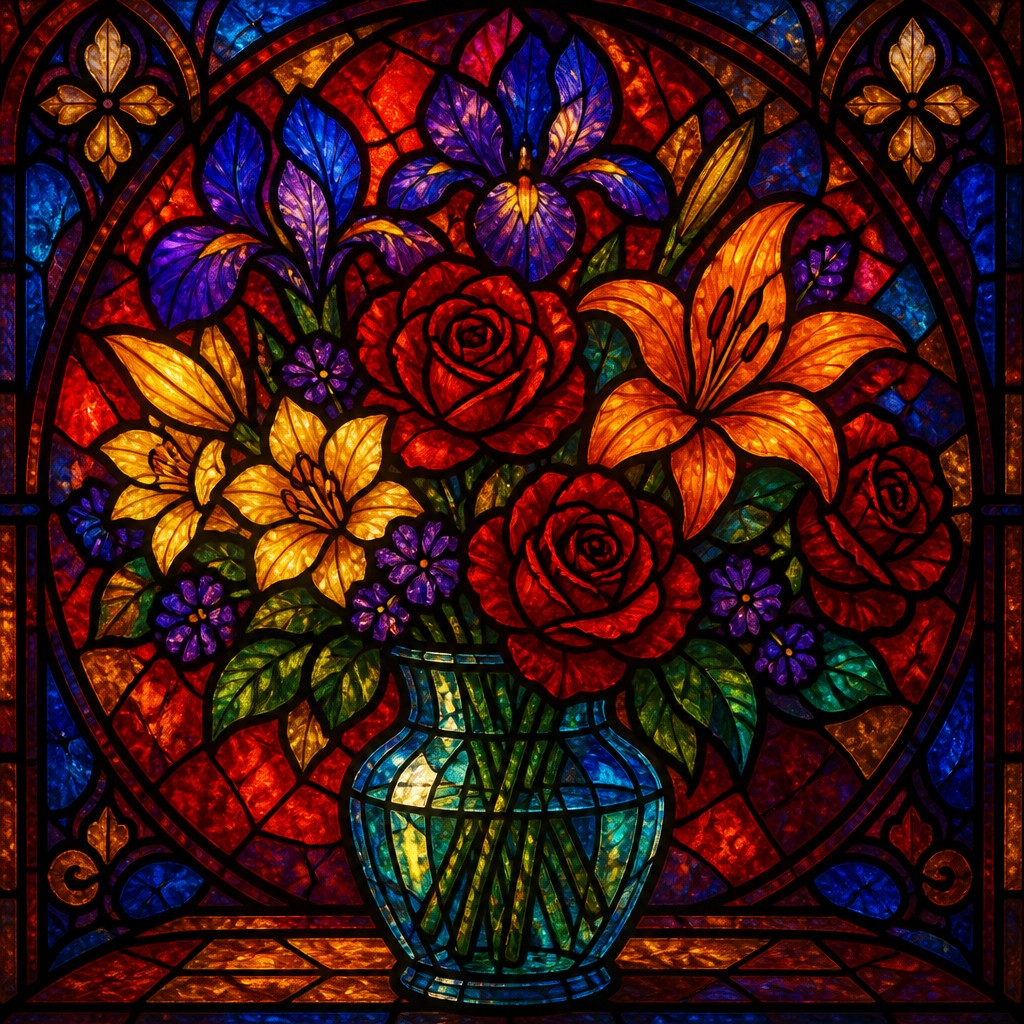 bouquet of flowers in a glass vase — Stained Glass Art Style