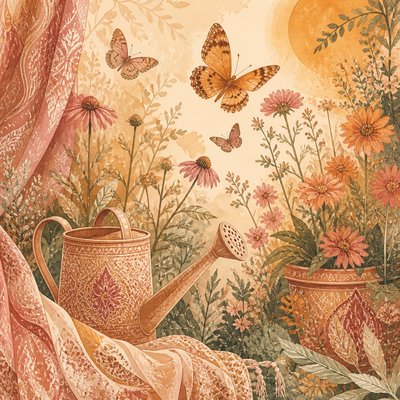 a garden scene with butterflies, flowers and a watering can, clean uncolored line art, no text