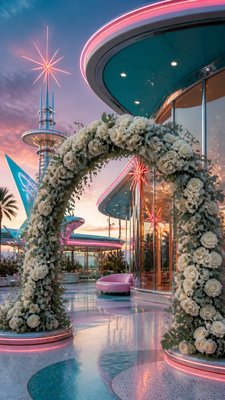 an arch of white roses and eucalyptus in soft morning light, elegant vertical composition with open space, no text