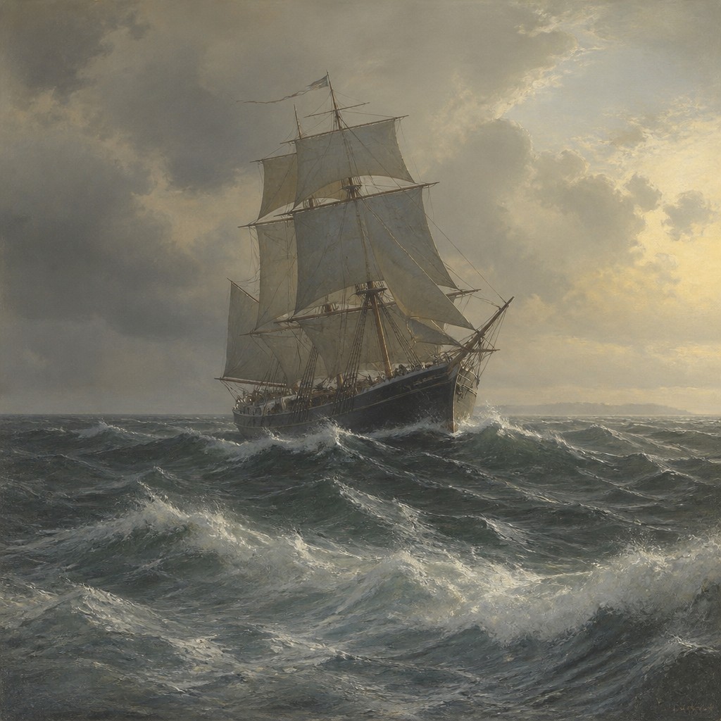 sailing ship on a stormy sea — Danish Art Style